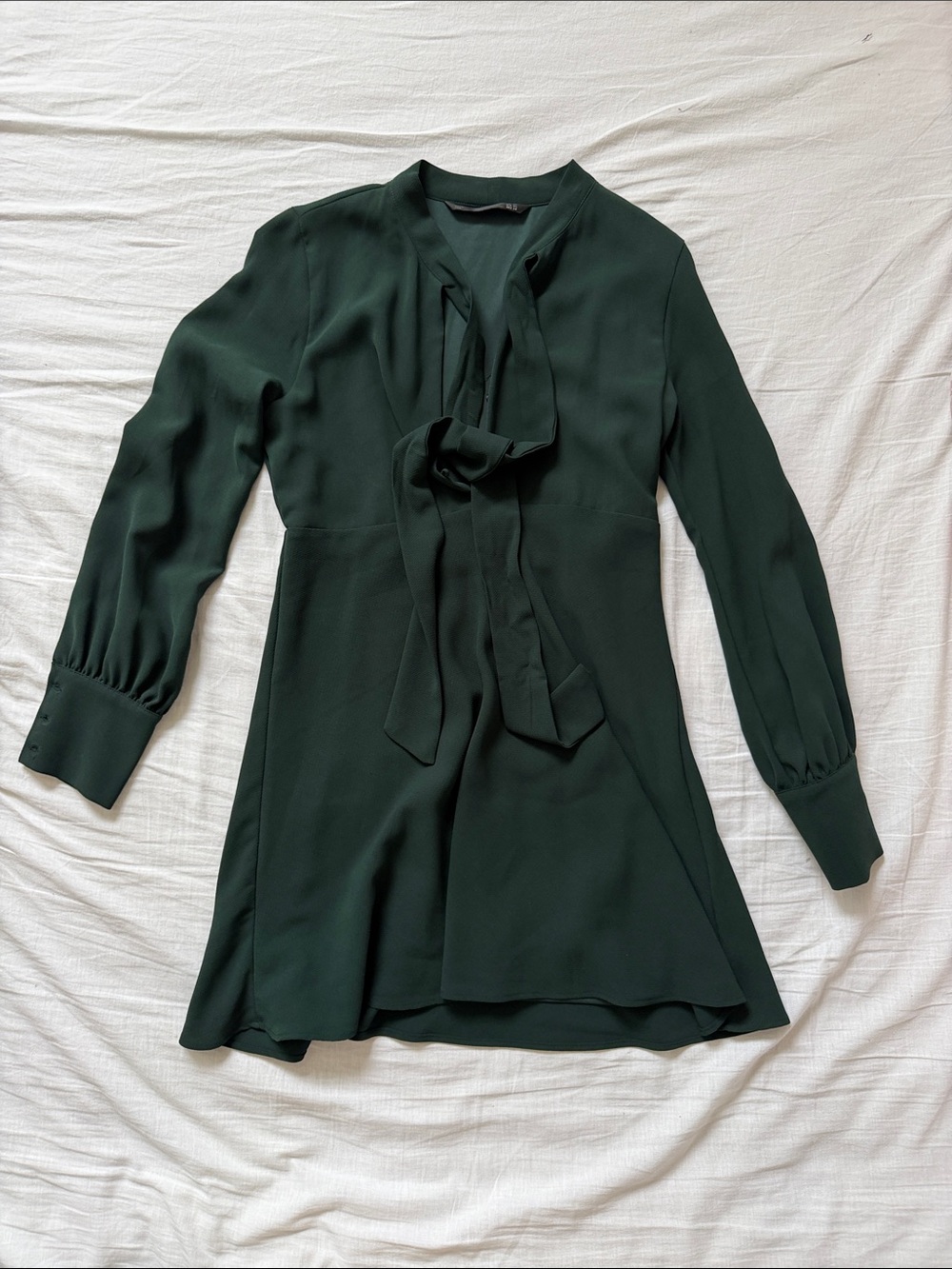 Tie-Neck Long Sleeve Dress in Dark Green